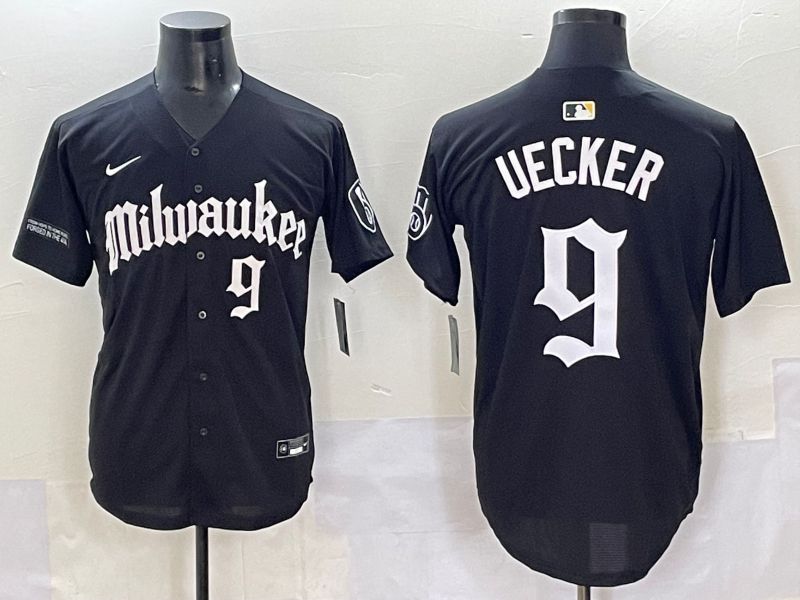 Men 2025 Milwaukee Brewers #9 Uecker Black Five generations Joint Name Nike MLB Jersey style 4